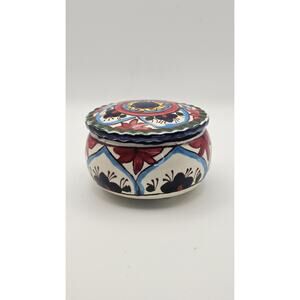 Mexican Talavera Trinket Box with Lid Clay Pottery Round Jewelry Ring Holder